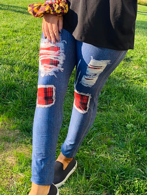 Red Plaid Patch Jean Leggings
