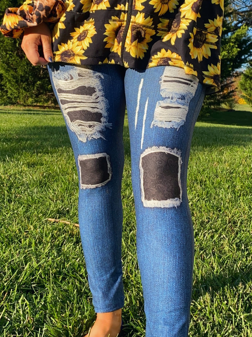 Black Lace Patch Jean Leggings