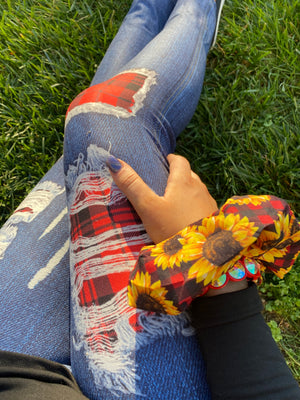 Red Plaid Patch Jean Leggings
