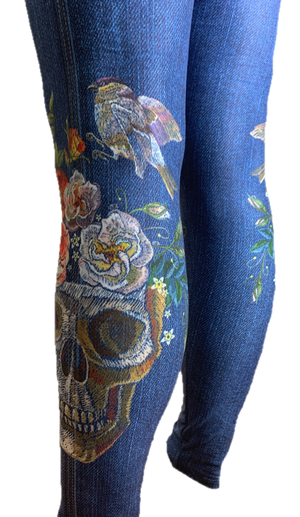 Skulls & Roses Blue Jean Leggings