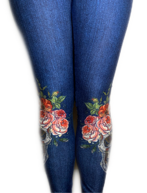 Skulls & Roses Blue Jean Leggings