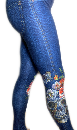 Skulls & Roses Blue Jean Leggings