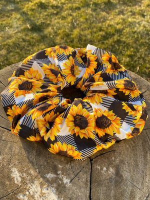 Sunflower Black & White Plaid Hair Scrunchie