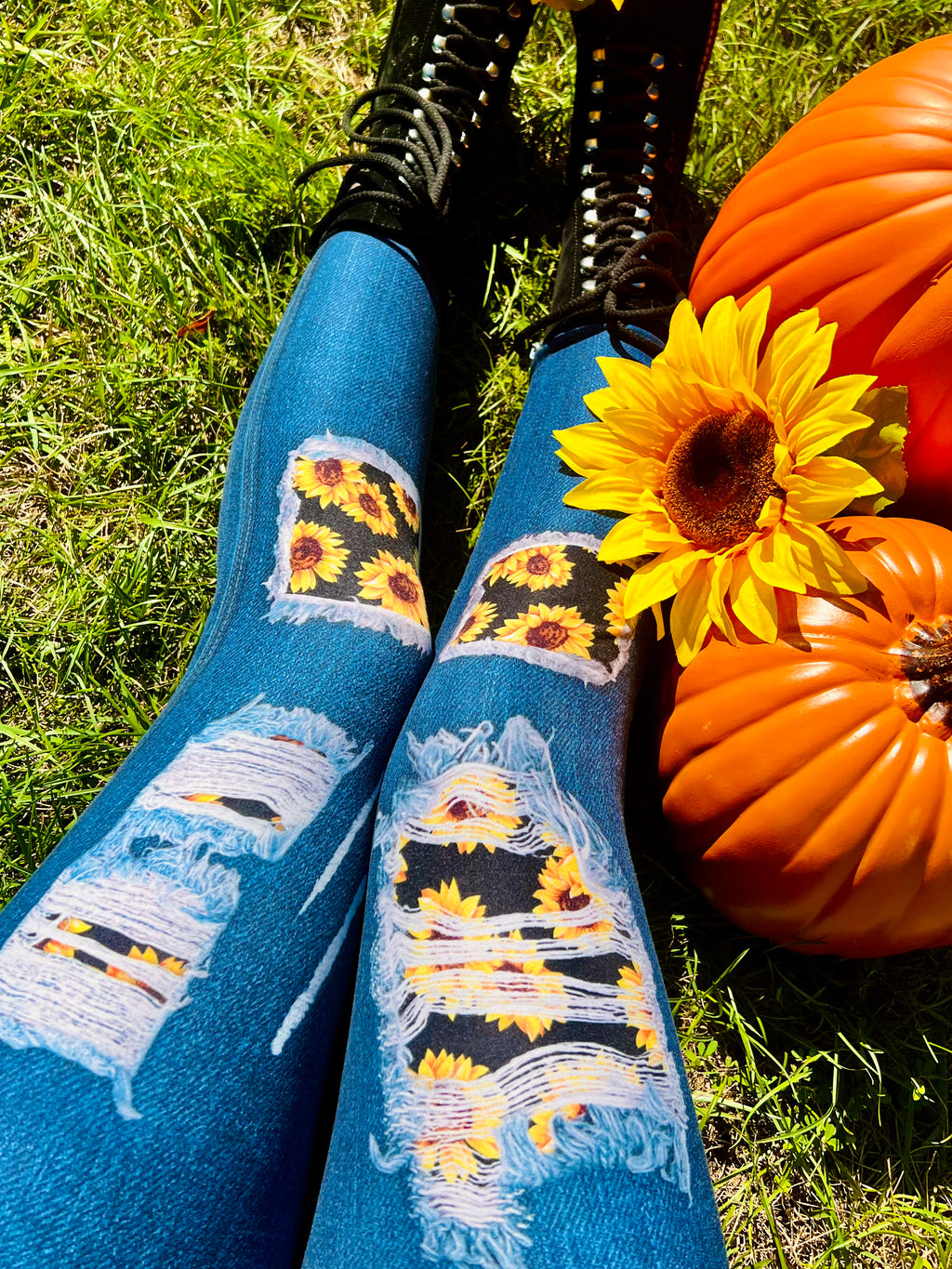 Sunflower Patch Blue Jean Leggings